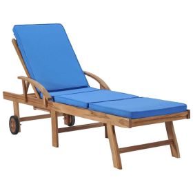 Sun Lounger with Cushion Solid Teak Wood Blue
