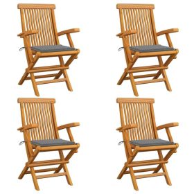 Patio Chairs with Gray Cushions 4 pcs Solid Teak Wood (Color: Grey)