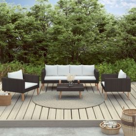 4 Piece Patio Lounge Set with Cushions Poly Rattan Black (Color: Black)